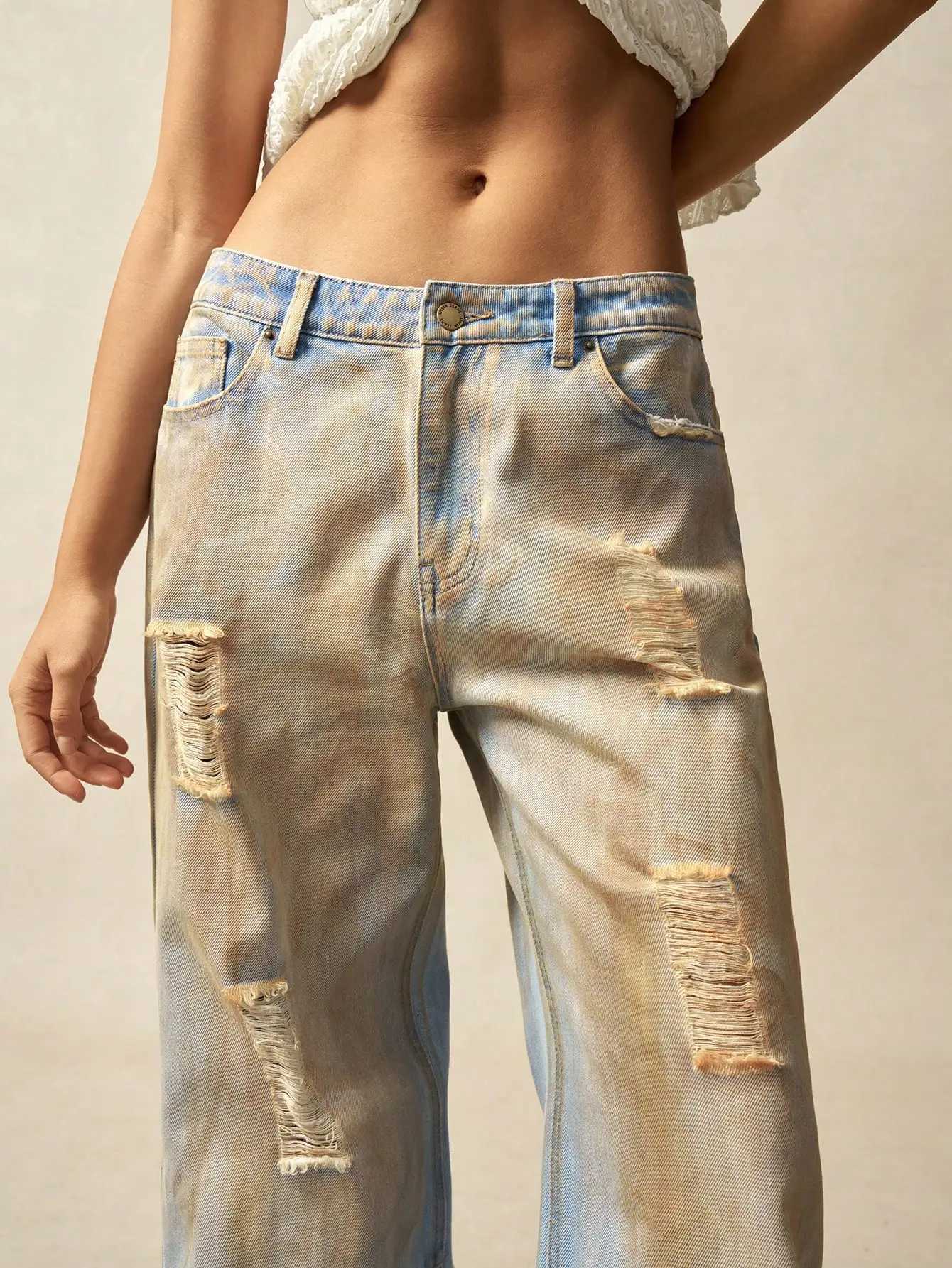 American style high end streetwear style faded holey denim womens pants 2025 new collection C251110