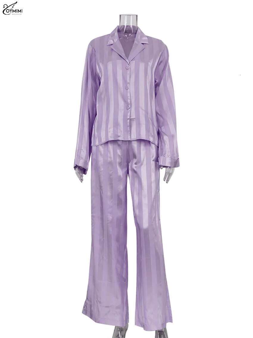 Oymimi Casual Pink Print Women 2 Piece Set Outfit Elegant Lapel Long Sleeve Button Shirts And High Waist Full Length Pants Sets