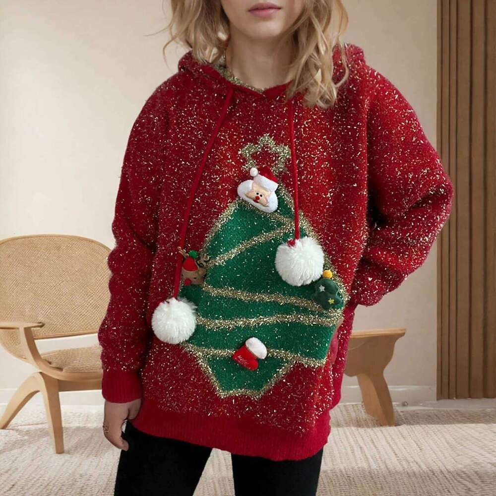Women Retro Christmas Tree Hooded Sweater Autumn And Winter New Loose Women's Shirts Fashion Elegant Long Sleeve Top Designer Sweater Women