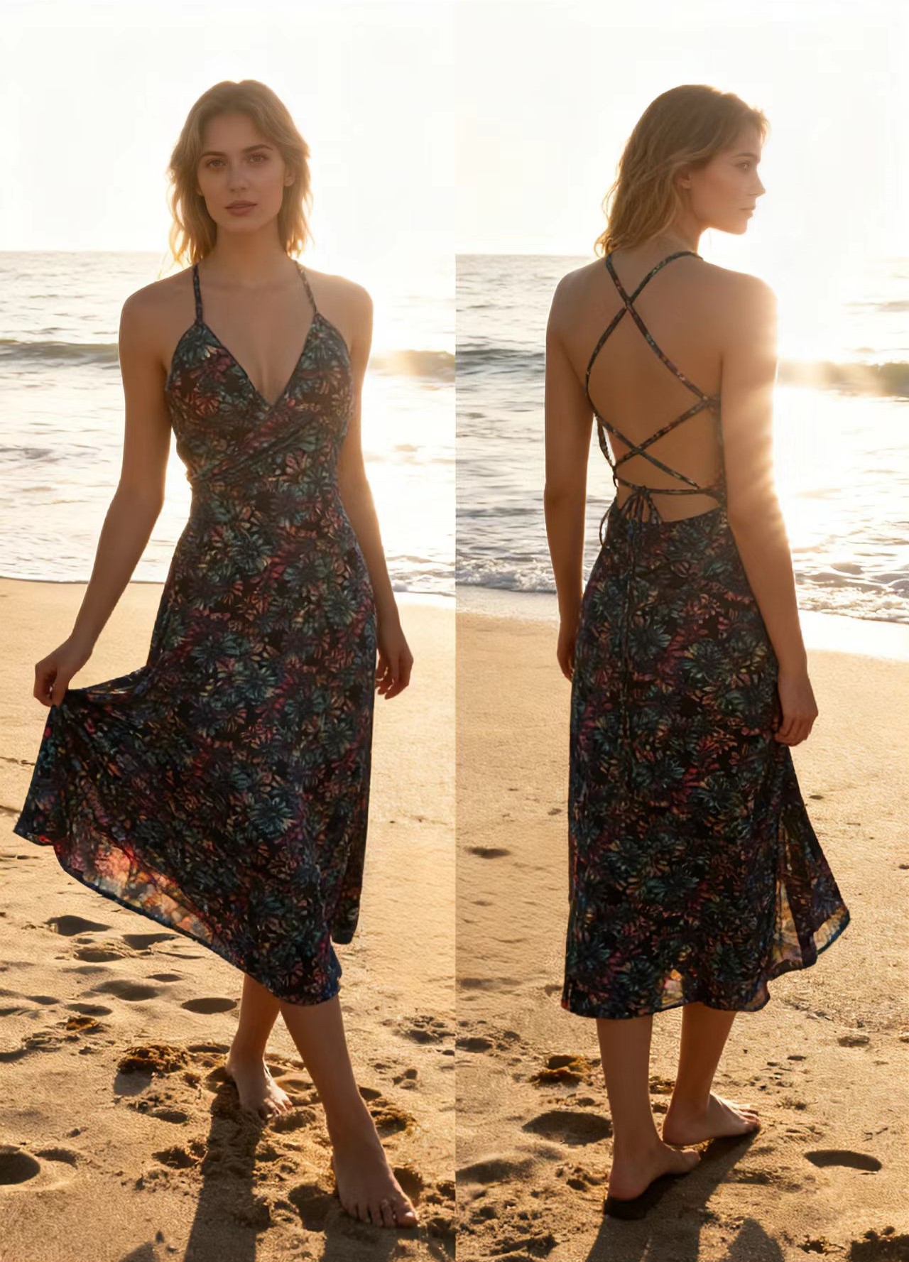 Black Floral Strapless Backless Cross-Tie Beach Dress Long Floral Print Beach Dress for Seaside Vacations