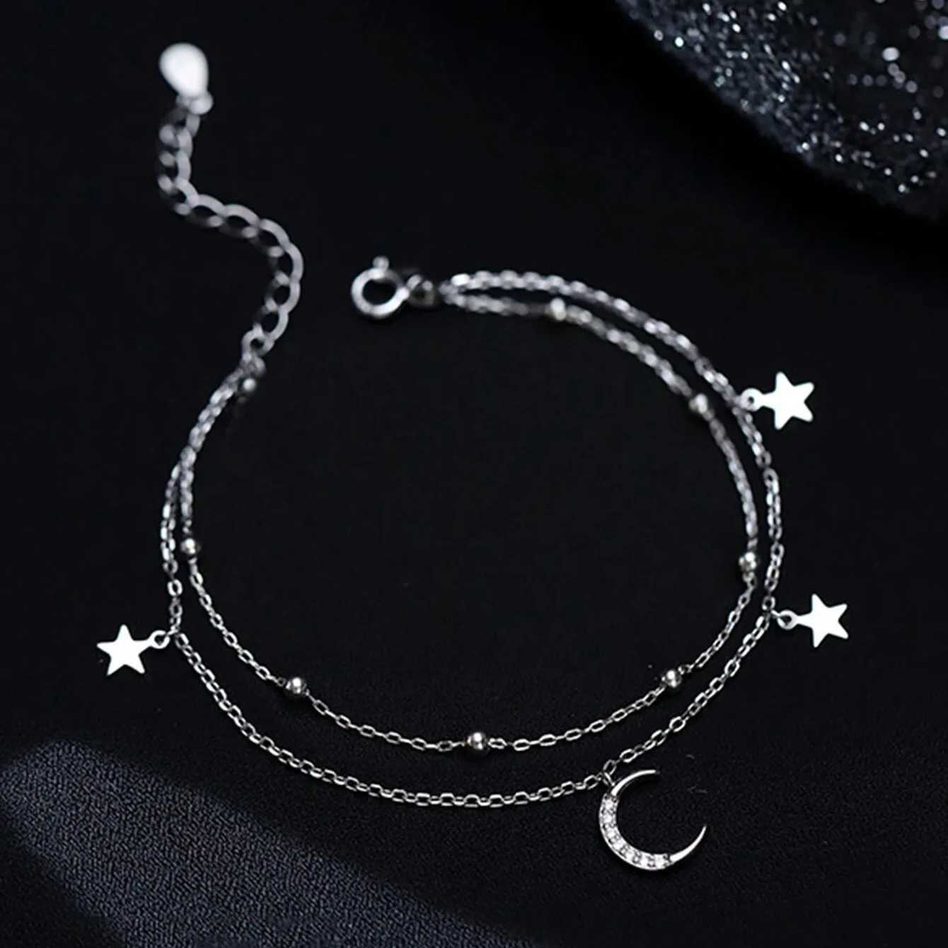925 Sterling Silver Zircon Bracelets For Women Korean Designer Double Layer Star Moon Bracelet Party Wedding Charm Jewelry GiftsT251110