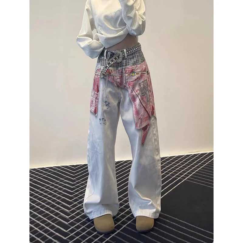 ZHIZOU Women White Gothic Print Jeans Baggy Vintage Aesthetic Cowboy Pants Harajuku Denim Trousers Y2k Trashy 2000s Clothes 2025 C251110