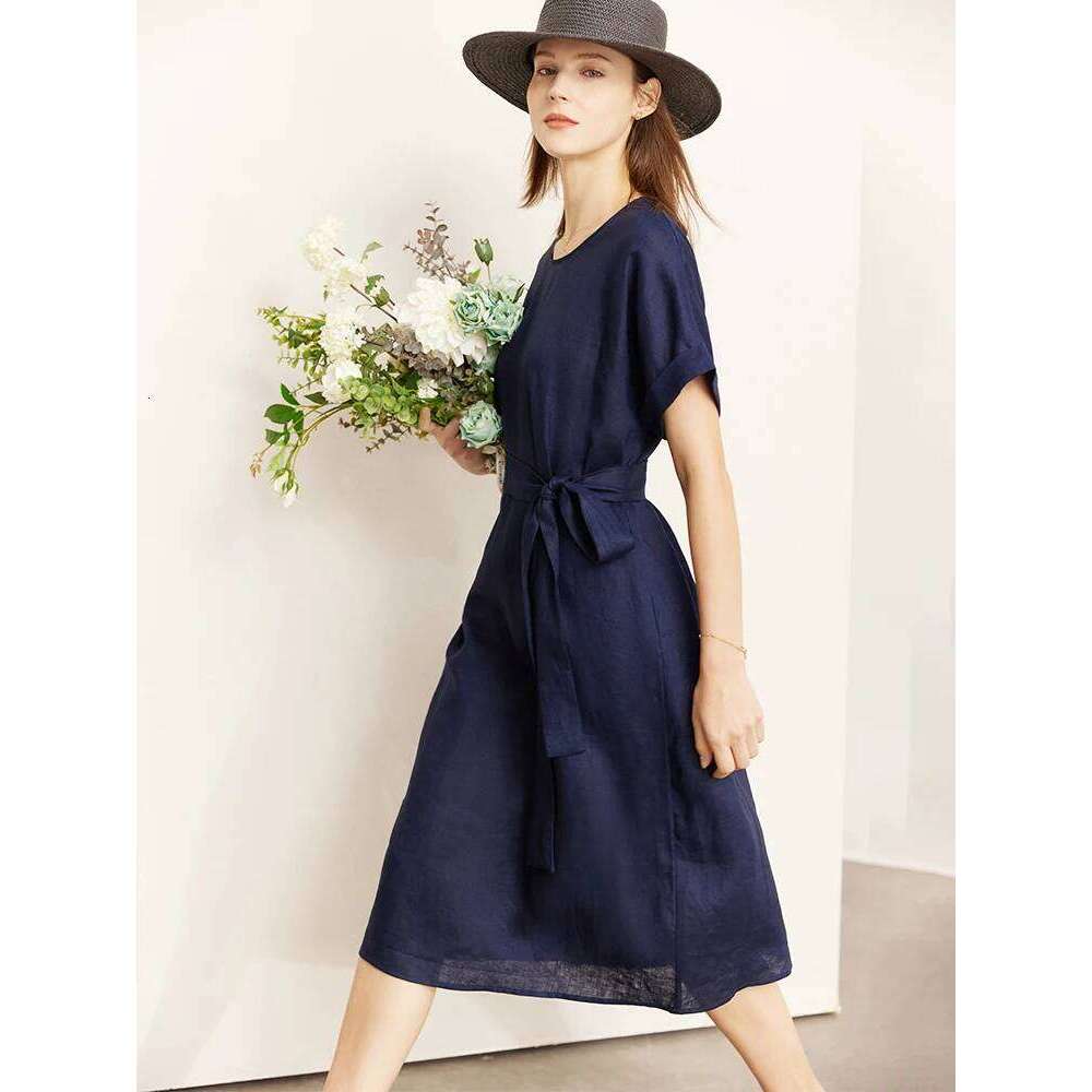 AMII Minimalist Women Dress 2023 Summer New 100% Linen Niche Fashion Artistic Temperament O-Neck Dresses Vestidos 12342278