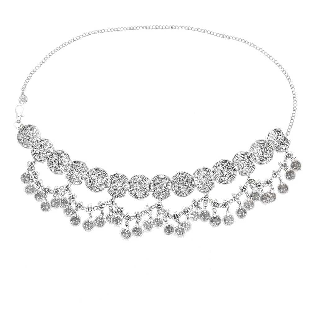 Gypsy retro silver coin tassel belly chain used for Wenbo Dutch summer beach parties ancient belts Afghanistan India body jewelry X250410