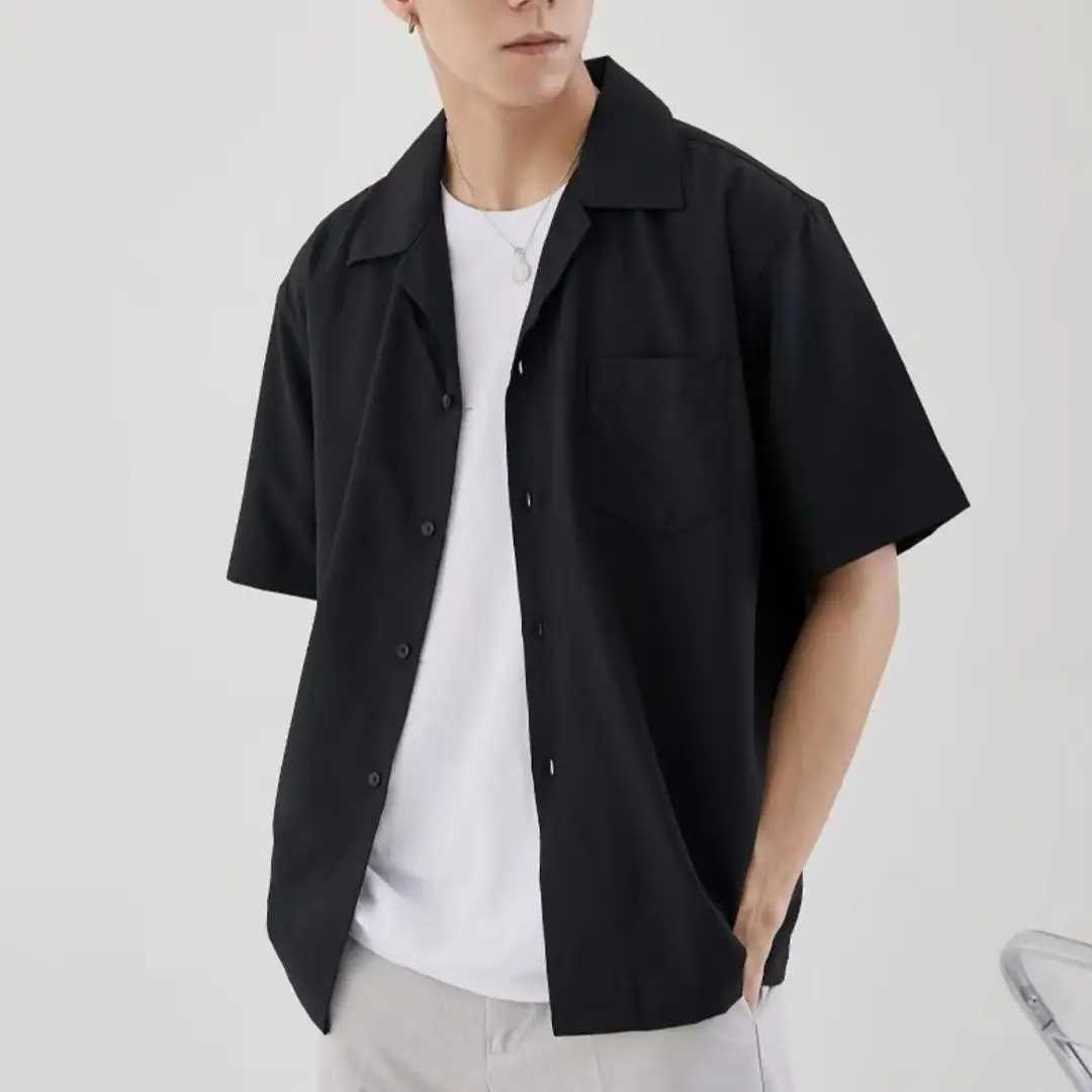 Fashionable mens summer chiffon Cuban short sleeved loose Hong Kong style Japanese casual solid color X250410