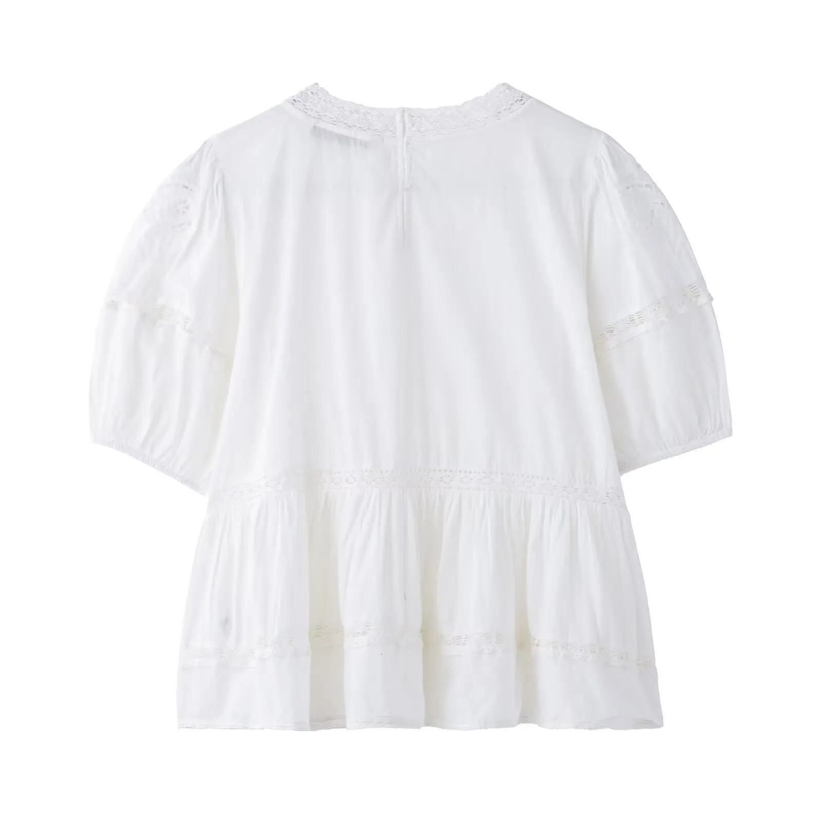 TRAFZA Womens Spring Embroidered Shirt Short Sleeve Round Neck Loose Fit Romantic Style White Shirt Elegant and Fashionable 250410