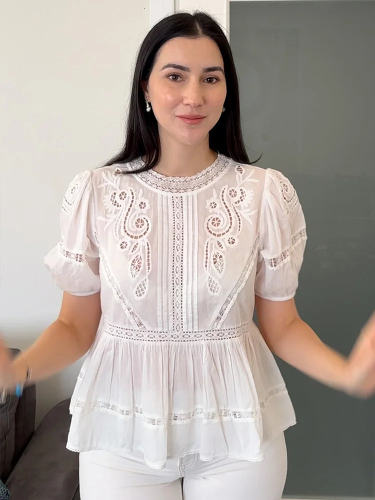TRAFZA Womens Spring Embroidered Shirt Short Sleeve Round Neck Loose Fit Romantic Style White Shirt Elegant and Fashionable 250410
