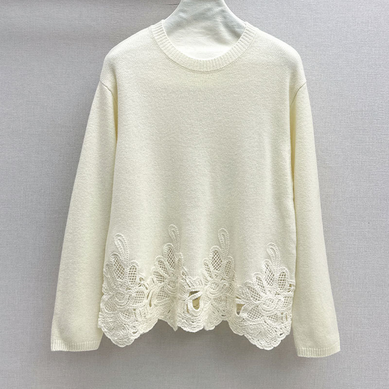 Luxury Designer Women's Wool Blend Embroidered Lace Sweater Round Neck Long Sleeve Loose Knit Pullover Multiple Colors Fall Winter New Arrival So
