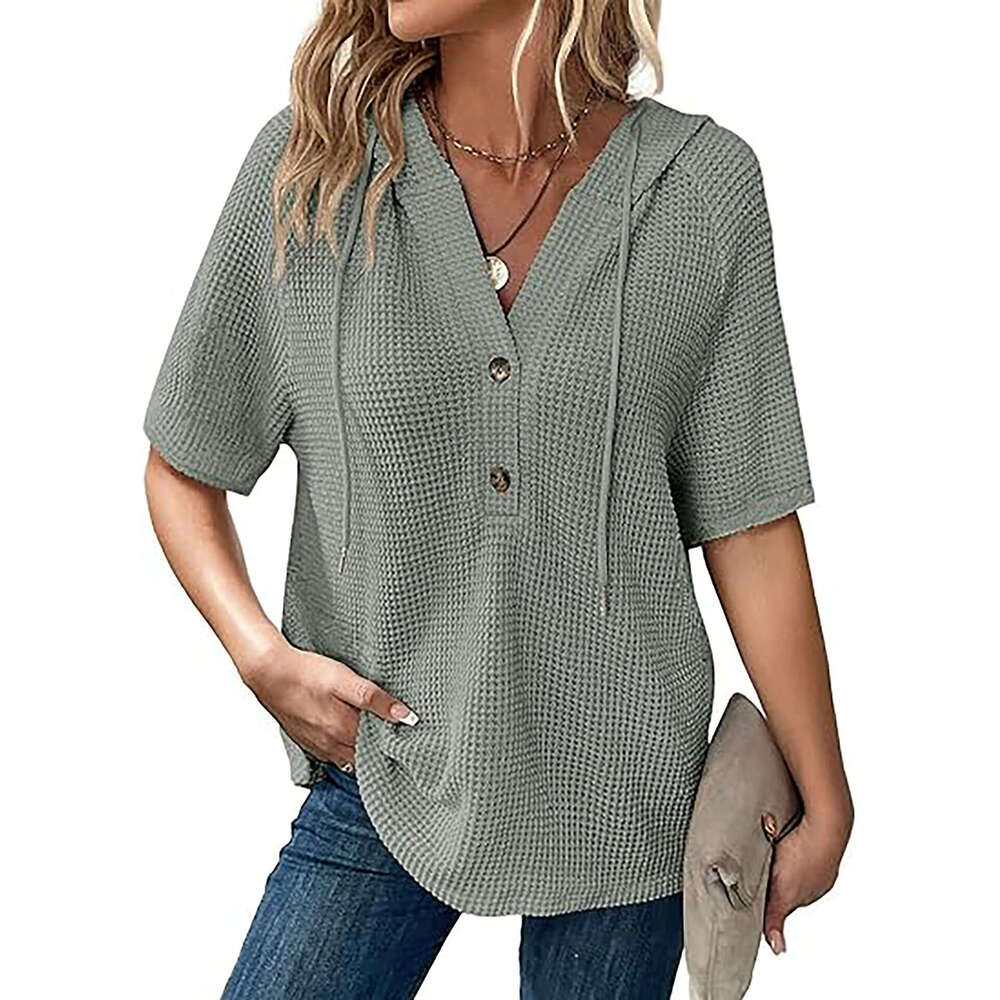 2025 Women's Summer Waffle Knit Short Sleeve Top Lightweight Drawstring Hoodie Button V-Neck Shirt