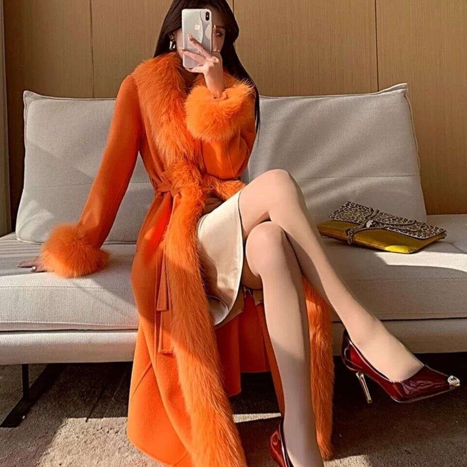 Woolen Fashion MidLength Wool Women's Winter Collar Internet Celebrity Faux Fur Coat Trendy