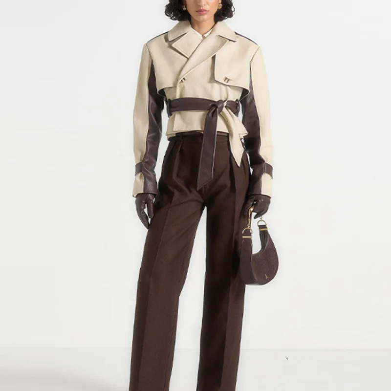 Womens Patchwork Short Leather Jacket Fashion Lapel Long Sleeve Turndown collar With Belt Coats Lady Commuter Outwear 251103