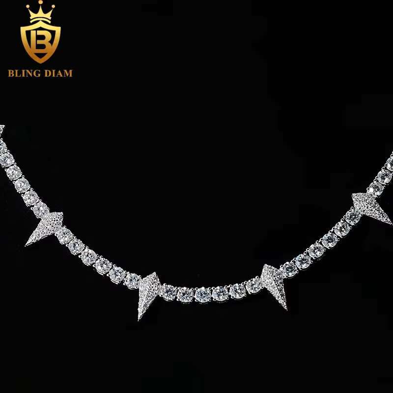 4mm Fashion Hip Hop Jewelry 925 Silver VVS Moissanite Iced Out Tennis Chain Cluster Thorn Shape Necklace