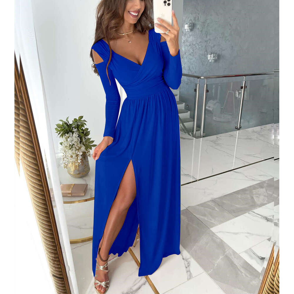 Independent Station Wish Amazon Autumn Winter New Long Sleeve V-neck Solid Color Hem Slit Dress for Women