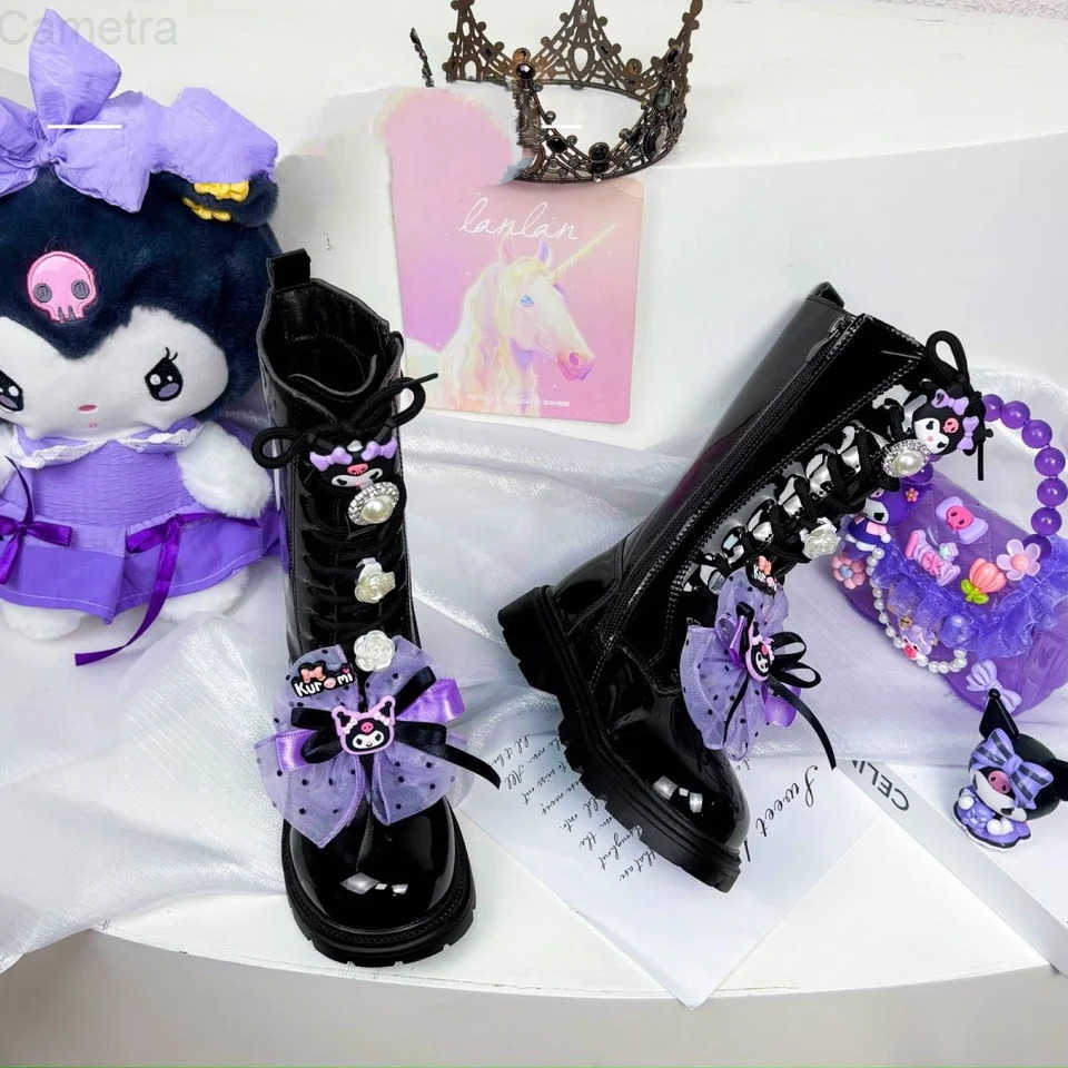 Sanrio Kawaii Anime Children Shoes Kuromi Girls Long Leather Boots Winter Kids Fashion Cartoon Soft Soled Casual Cotton Shoes H251110