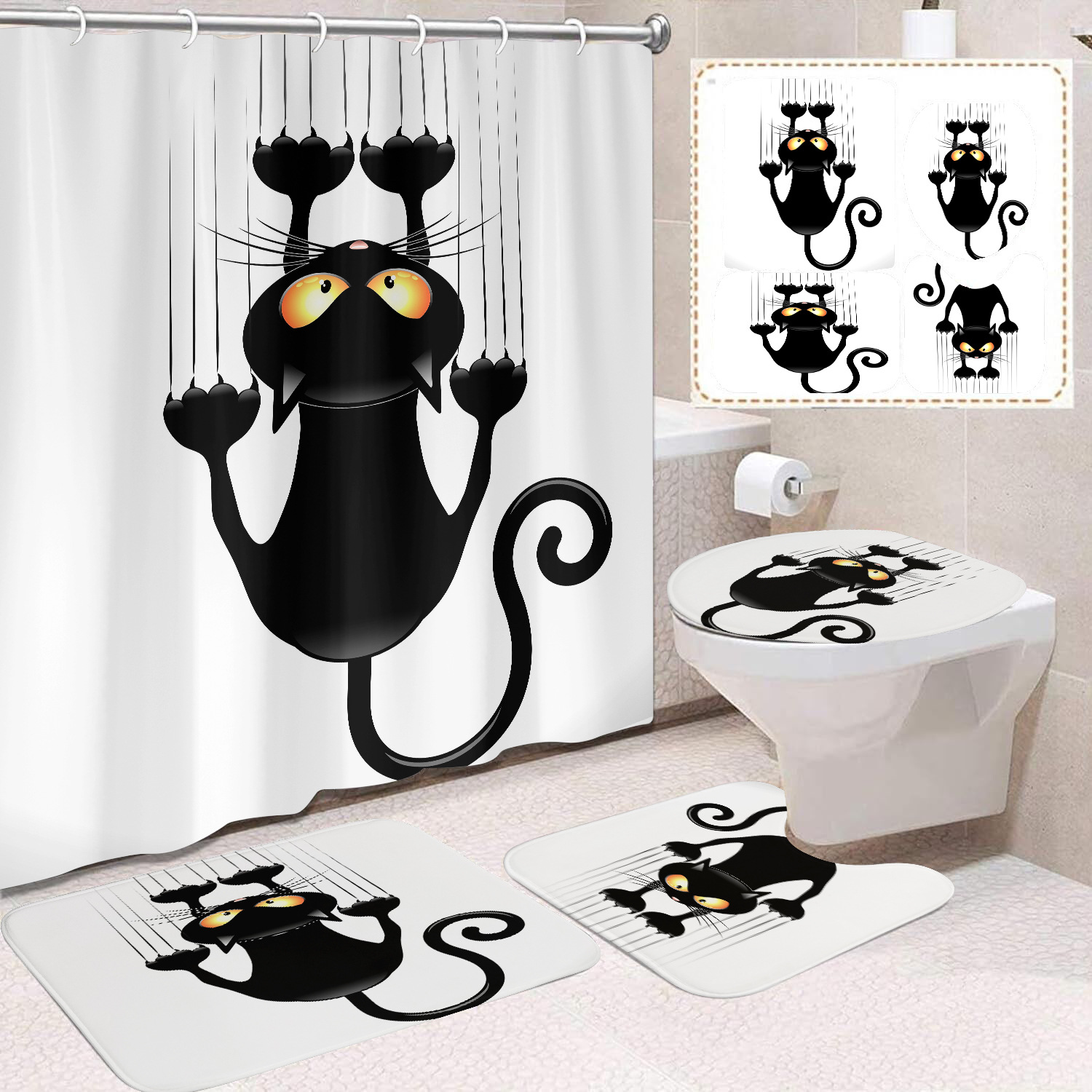 YL-37675 Black and White Cat Shower Curtain Waterproof and Mildew-proof Digital Print Shower Curtain Four-Piece Set