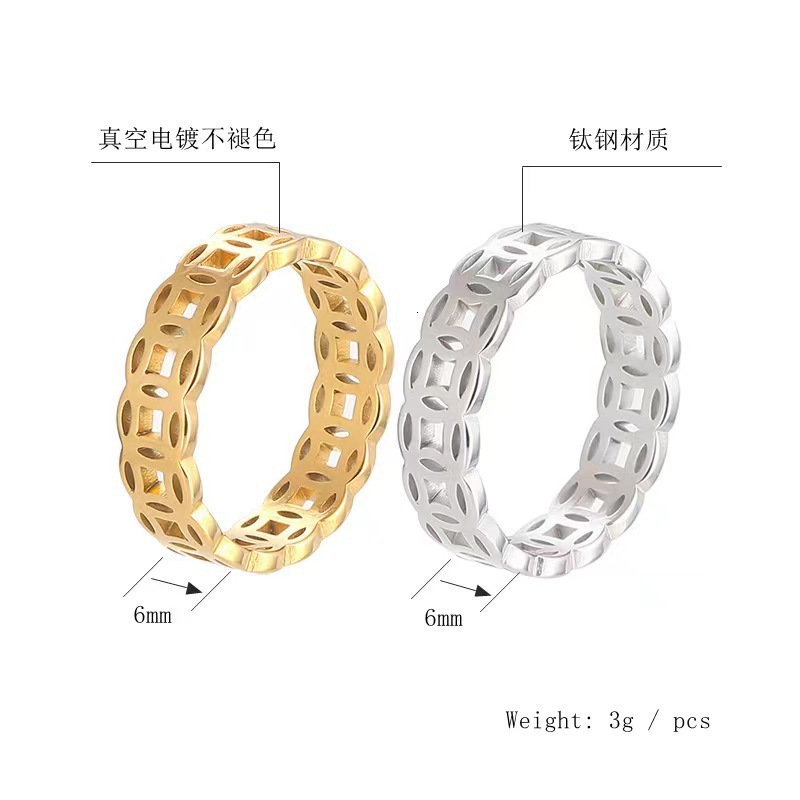 18K Gold Retro Titanium Steel Copper Coin Ring Stainless Steel Designer Ring Steel Wealth Attraction Fashion Ring Remittance Ring Index Finger Neutral
