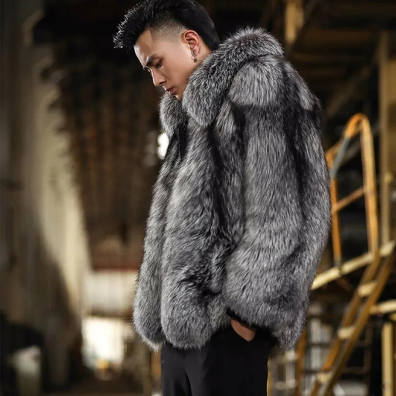 Mens Autumn Winter Fluffy Business Casual Silver Fox Fur Jacket Faux Fur Coats Fashion Charming Warm Tops 251105