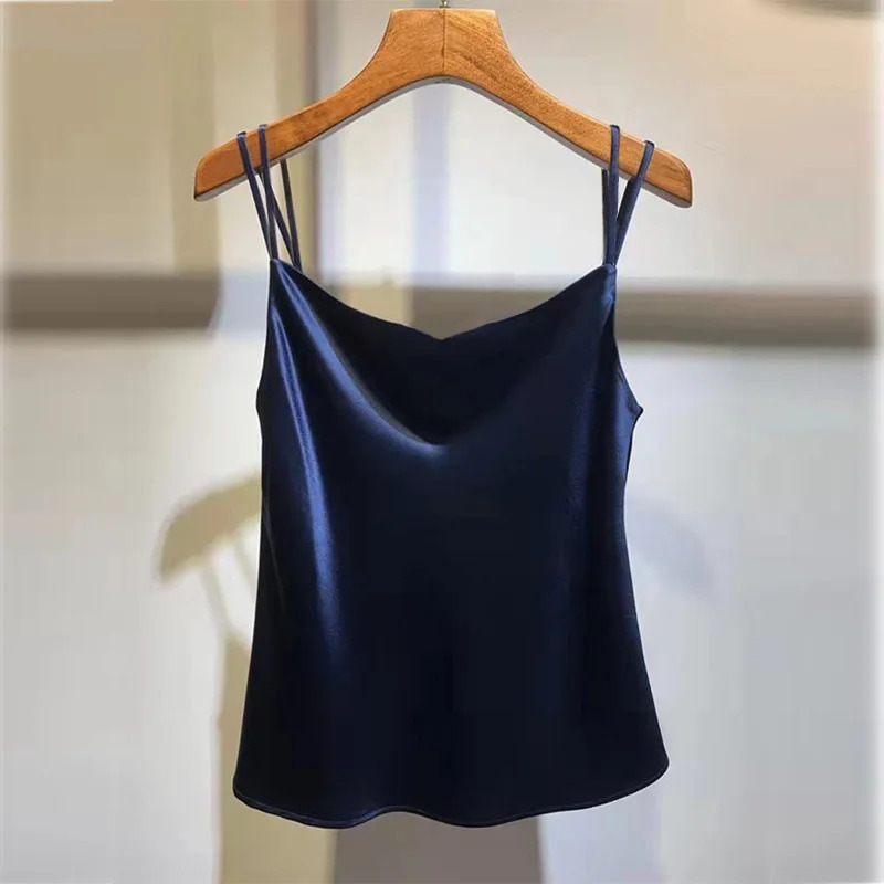 Womens silk vest casual V-neck sexy solid color satin womens chiffon sleeveless vest backless vest 250410