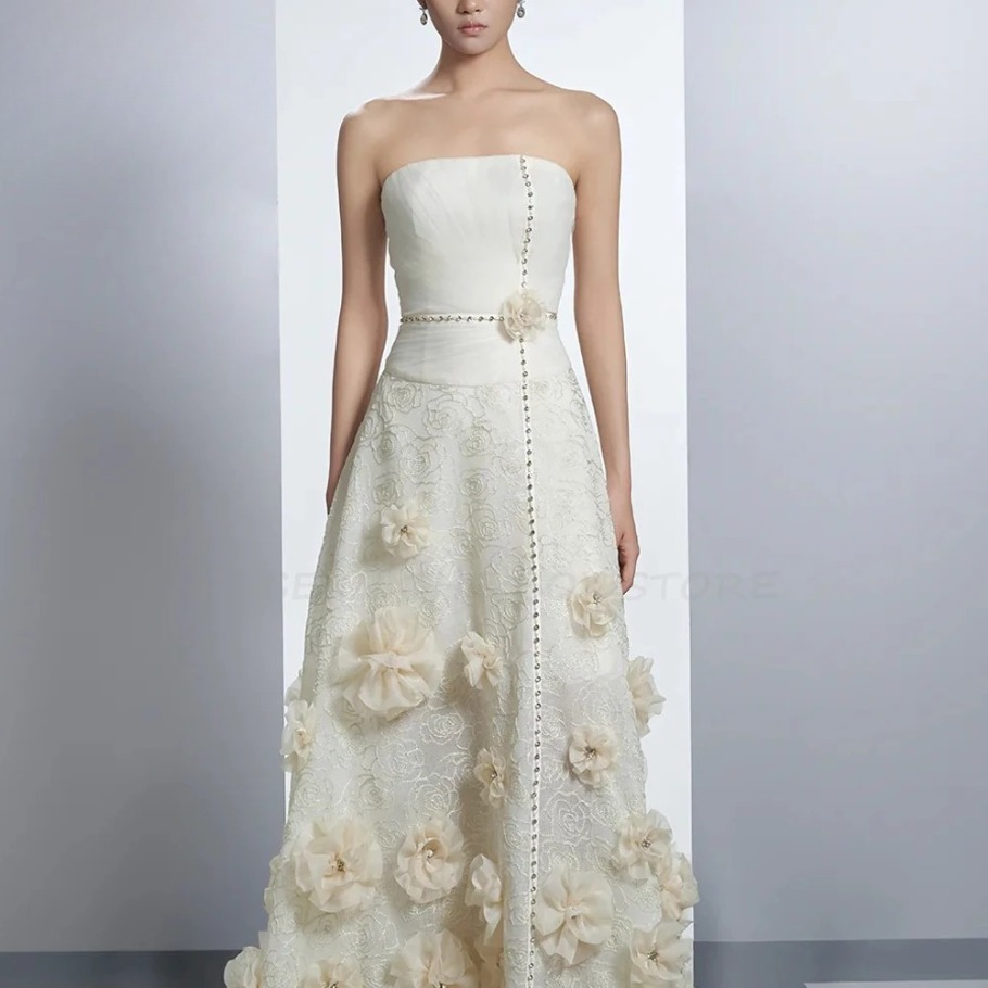 High Quality Made Luxury Saudi Arabic Strapless Evening Dresses with Flowers Lace Formal Party Occasion Gowns Backless Prom Dress Robe de soiree BC214