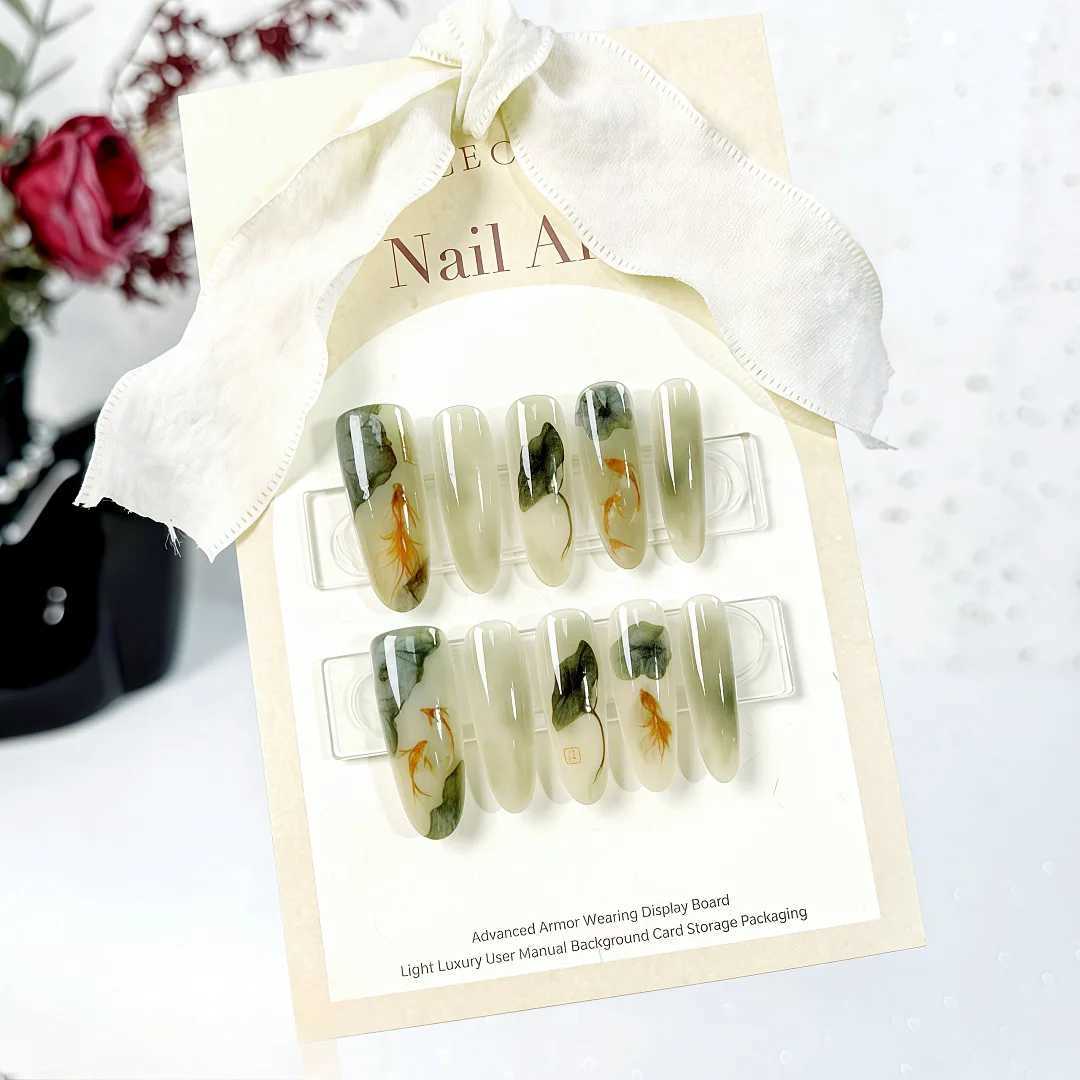 0pcs/set of smooth and long Squoval press on nails fish lotus pattern fake nails women and girls can reuse fake nails W250410