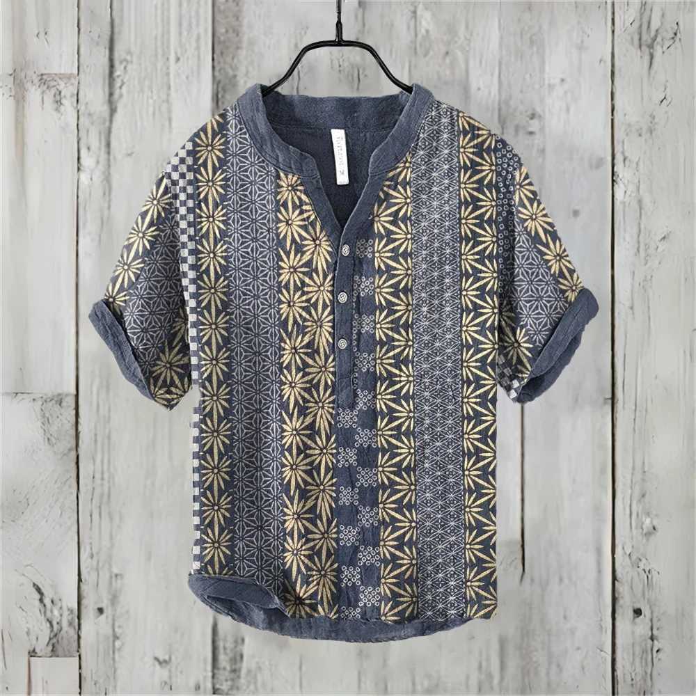 Mens short sleeved shirt imitating linen shirt hot selling casual Japanese retro Hawaiian vacation mens clothing X250410