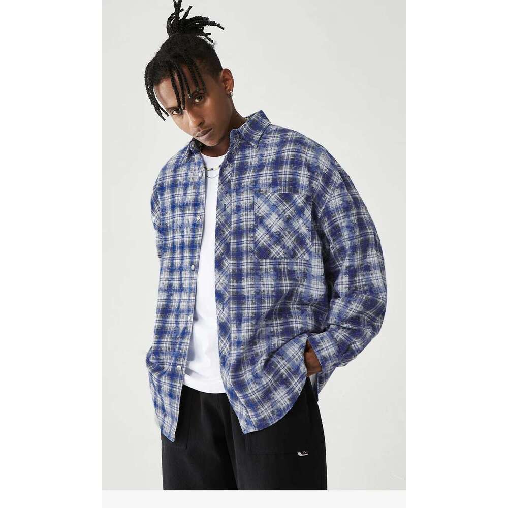 Brushed Check Men Blue Plaid Long Sleeve Oversized Shirts Male Plus Size