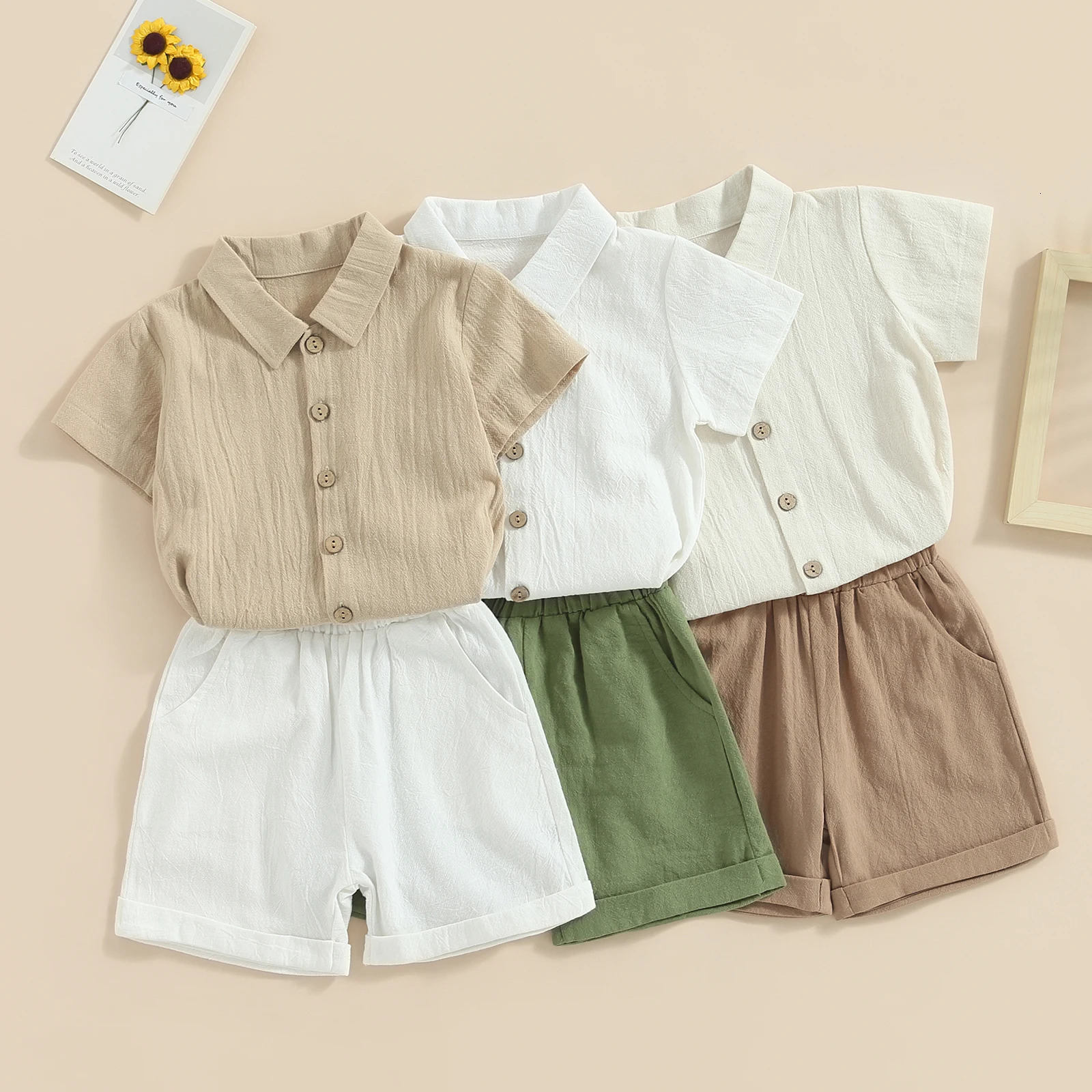 Pudcoco 2 pieces of summer cotton linen dress for toddlers babies boys short sleeved button up collar shirt set baby clothing 6M-4T 250409