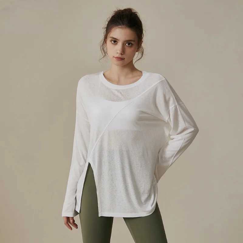 Yoga clothing womens running sports loose T-shirt Pilates training long sleeved breathable hollow split topXJ250410