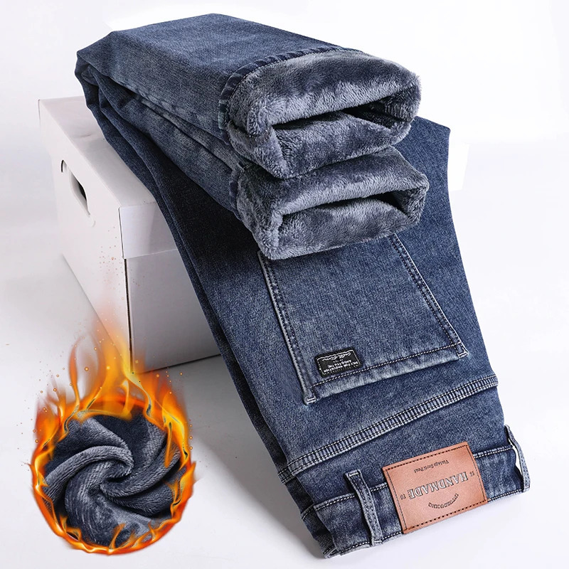 Winter wool thick warm jeans mens ultrathin straight elastic denim pants casual clothing plush Trousers 250407