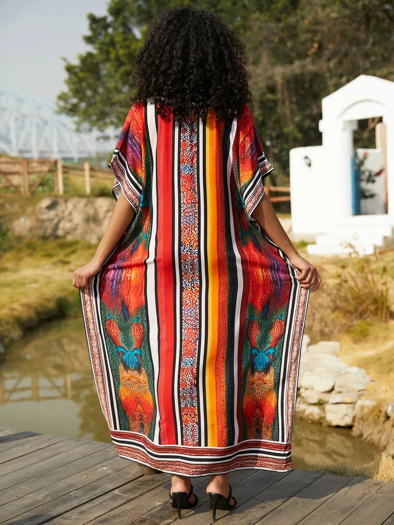 Womens Maxi dress retro print beach Kaftans swimsuit hooded summer holiday factory supply direct shipment 250408