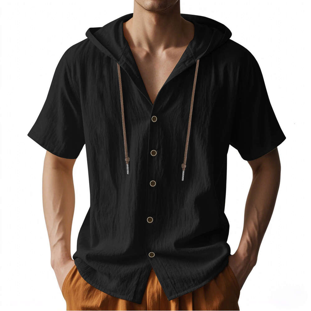 Cross-Border Amazon American Style Summer Men's Thin Breathable Linen Loose Hooded Short Sleeve Shirt for Men