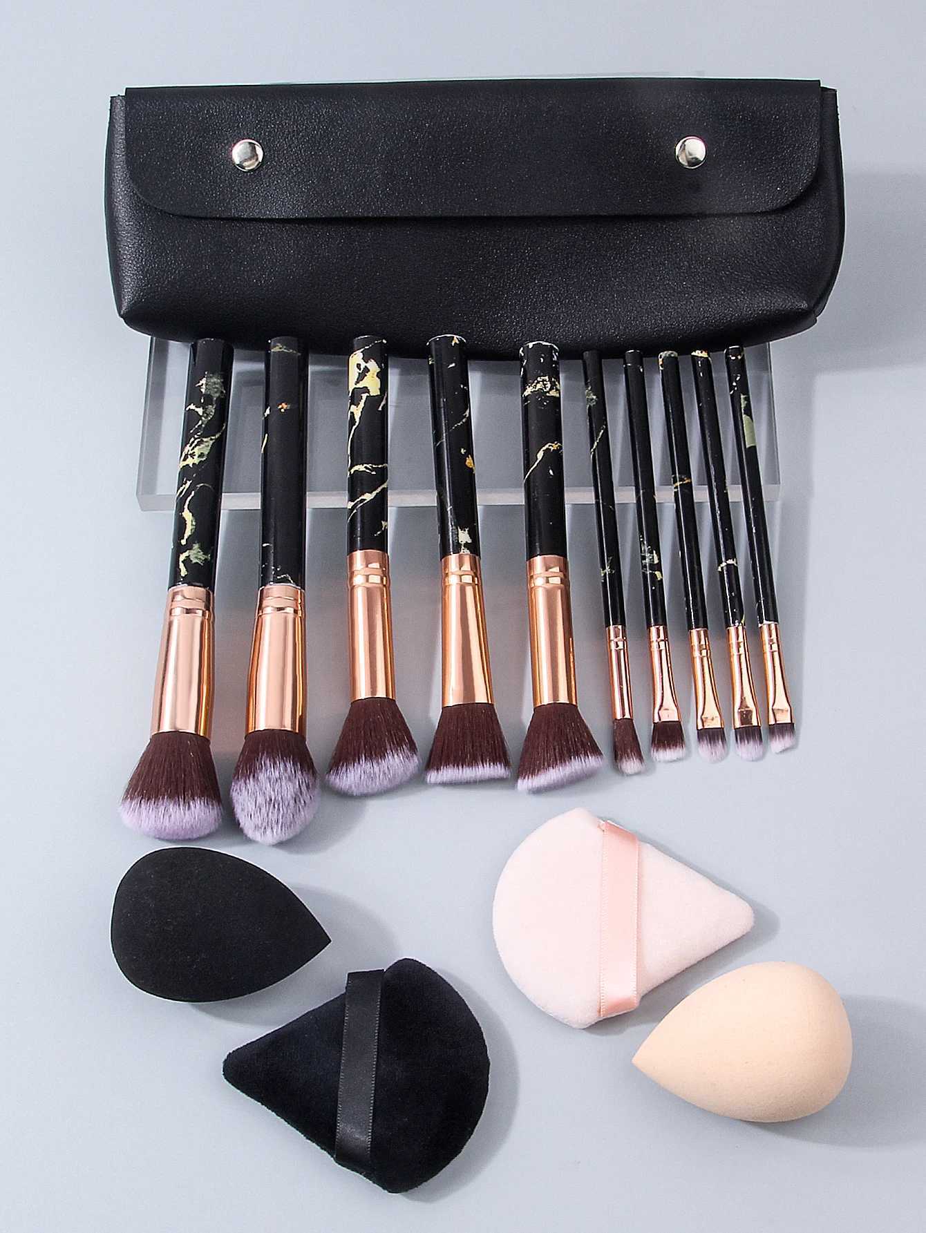 Professional marble-patterned makeup brush set 10 synthetic fiber makeup brushes4 makeup sponge powder puffsblack storage bag L251110