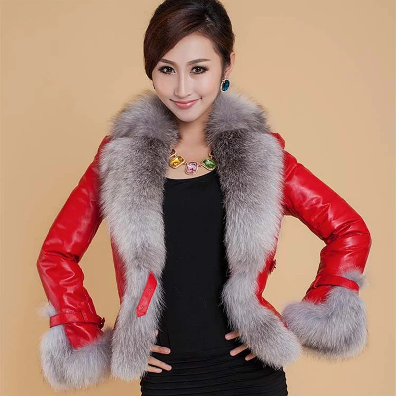 Winter Leather Jacket Women Coat Faux Fox Fur Collar Short PU Female Elegant Motorcycle Zipper Outerwear 251110
