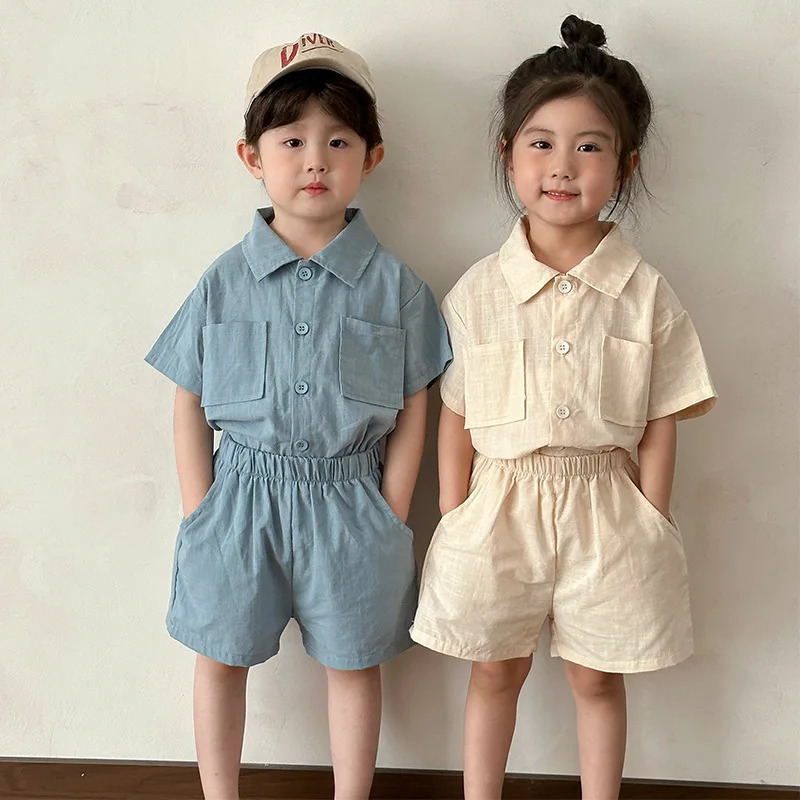 Summer Childrens 2PCS Clothing Set Cotton Thin Short sleeved ShirtSolid Casual Short sleeved Childrens and Childrens Boys Set 250409