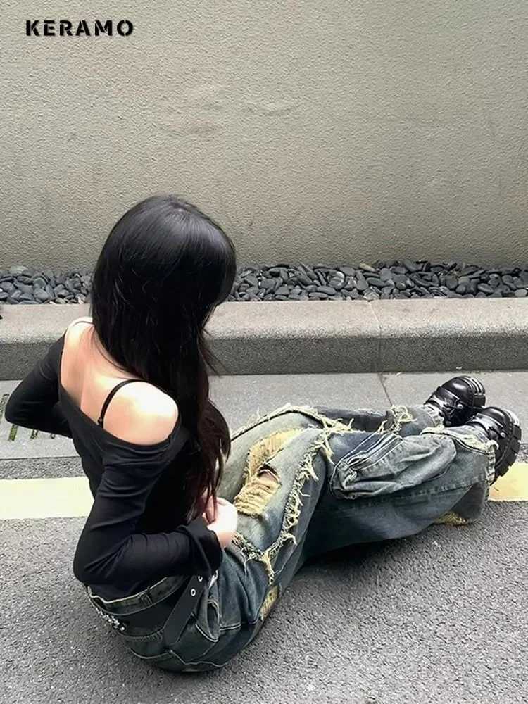 2024 Winter Punk Sexy Vintage Ripped Harajuku Loose Jeans Y2K Hollow Out Trashy Pants Womens BaggyTassels Denim Trouser C251110