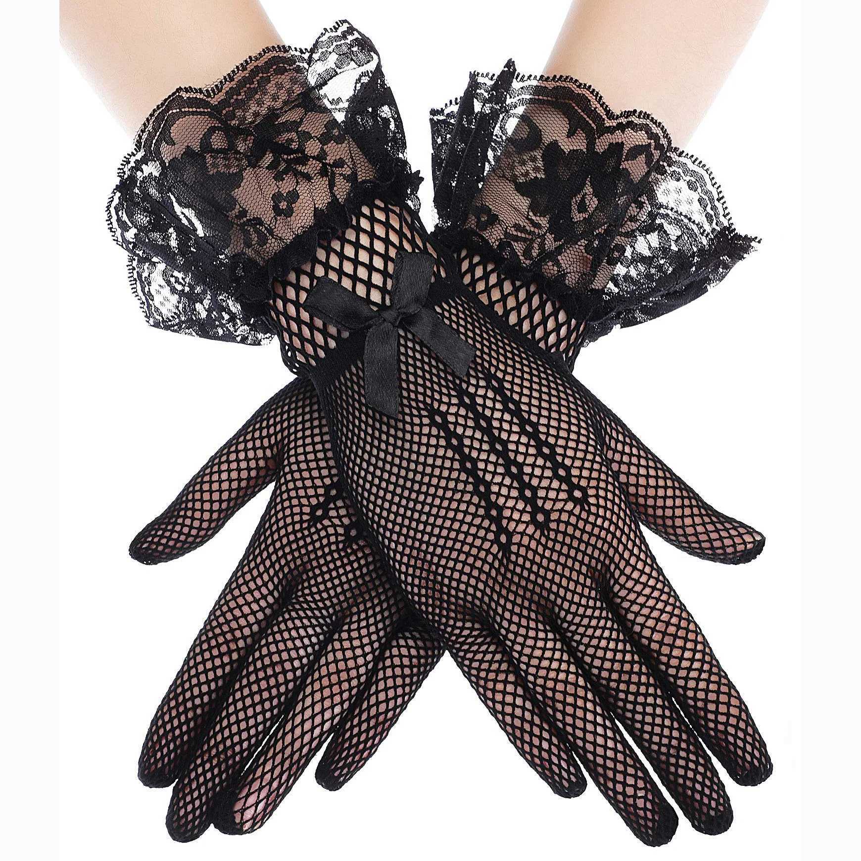 Bridal Mesh Gloves Short Full Finger Lace Trim Wedding Gloves Wrist Length Tea Party Gloves for Women and Girls L251110