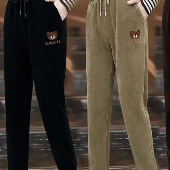 Fleece-Lined Thickened Sweatpants for Women 2025 Autumn Winter High-Waisted Joggers Slimming Bear Embroidery Corduroy Casual Sports Pants 201102 Z2603
