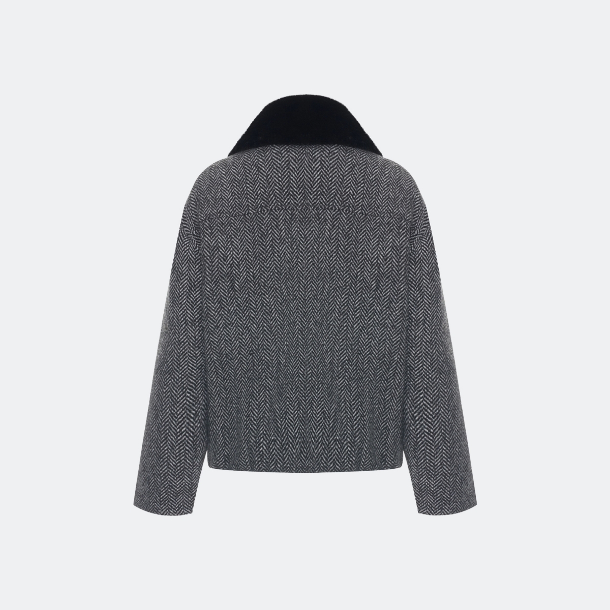 Women's Gray Herringbone Wool-Blend Jacket, Detachable Faux Fur Collar Relaxed Fit Coat