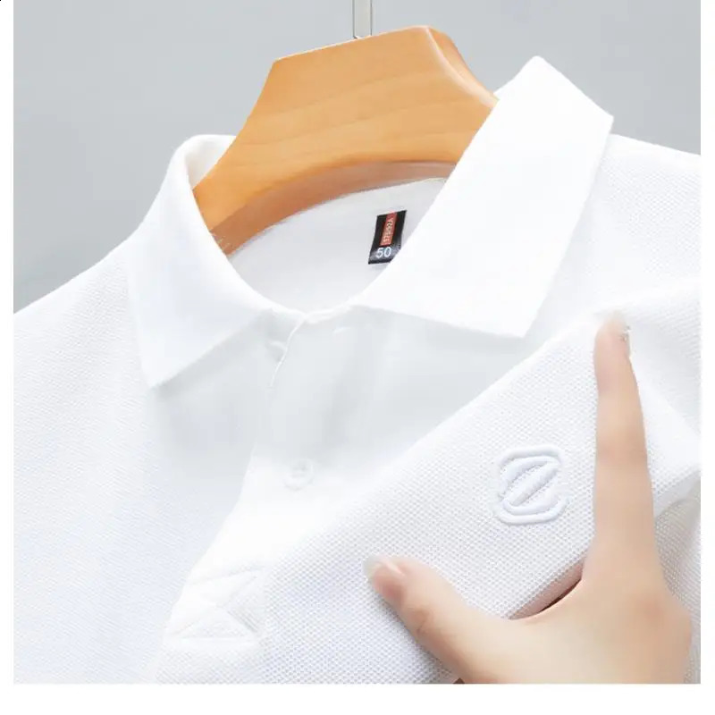 2025 Summer Selling Embroidered Mens 100% Pure Cotton Ice Silk Short Sleeved Casual Breathable Polo Shirt 250407
