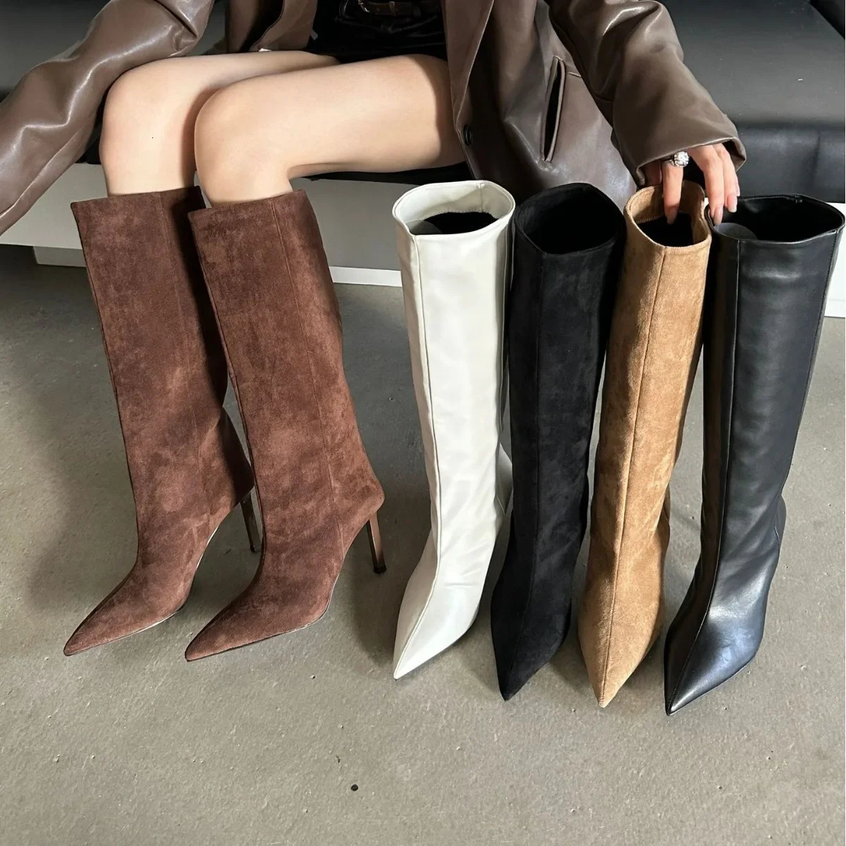 Pointed Toe Slim Fit Long Booties Womens Autumn Winter High Heel Suede Straight Leg Boot over Knee Boots Rubber Sole 251107