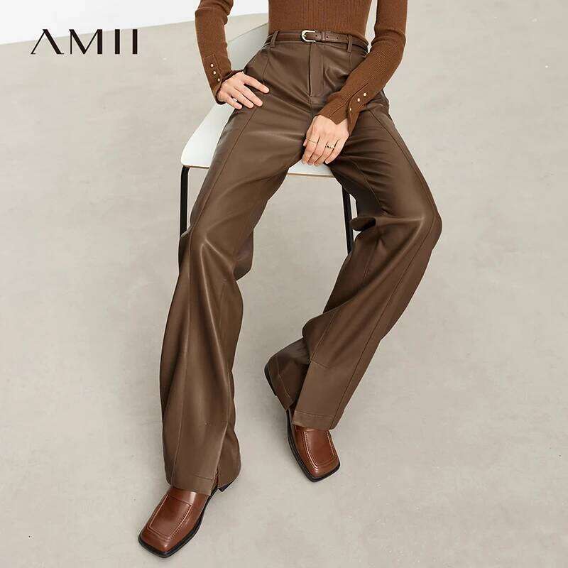 AMII Minimalist PU Leather Casual Pants For Women 2025 Autumn New Loose Floor Length Straight Slit Female Trousers 12343250