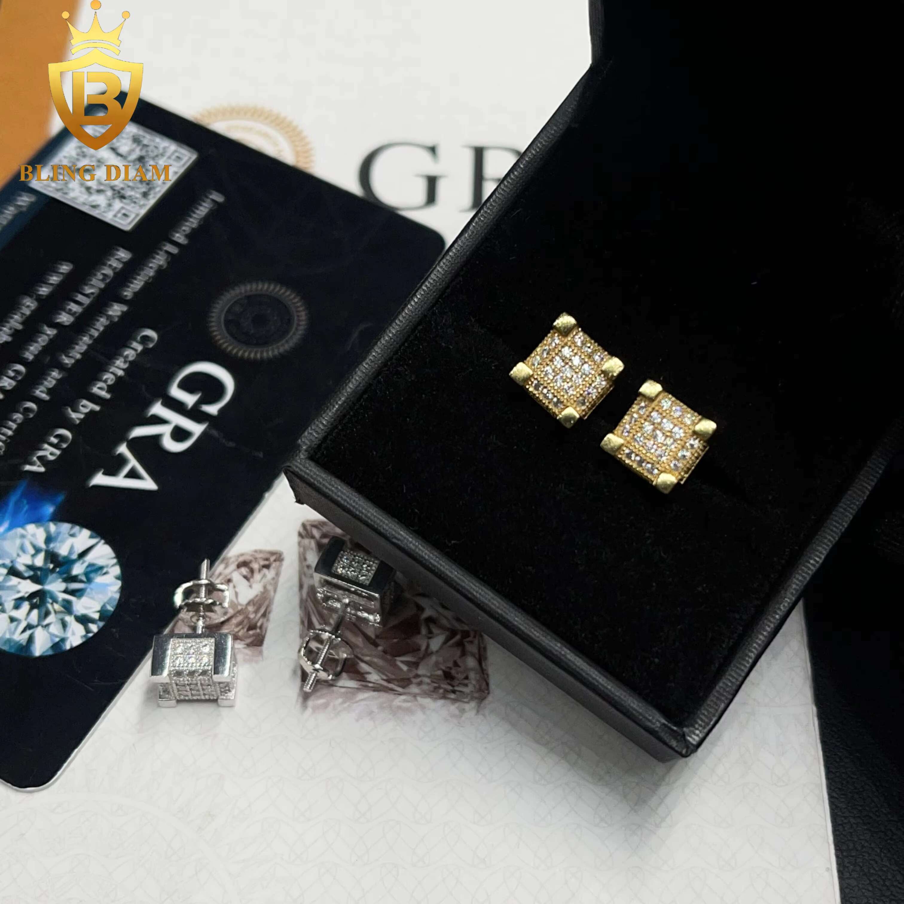8.2mm Fine Jewelry Iced Out Square Jewelry 925 Sterling Silver VVS Moissanite Pass Diamond Tester Earrings Men