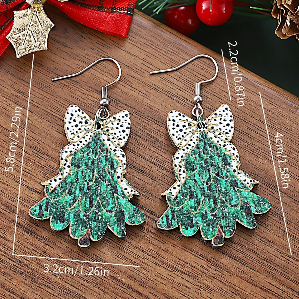 Christmas Themed Wooden DoubleSided Earrings with Cow Print Leopard Print Bow And Christmas Tree Pendant for Festive Decor 251031