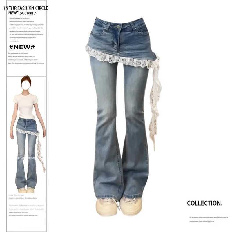 Fake Two Lace Splicing Flared Jeans for Womens Early Autumn 2025 New Style High Waist Denim Pants C251110