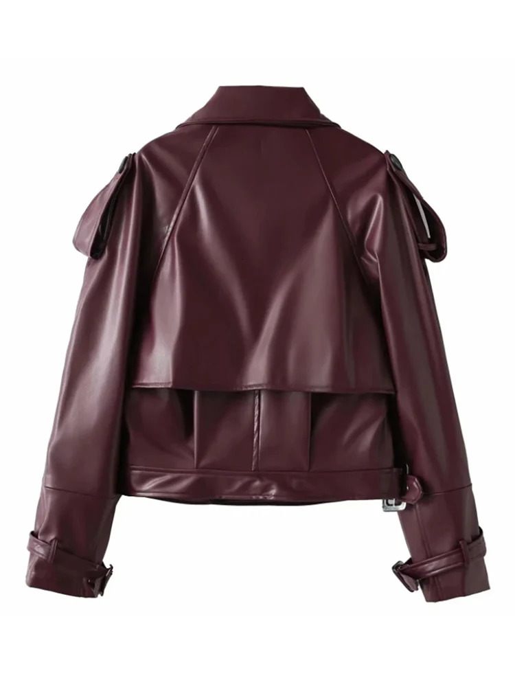 Womens Fashion Lapel Long Sleeve Short Leather Jacket Cool Slim Chery Red Short Jacket Motorcycle Street Party Jacket 251103