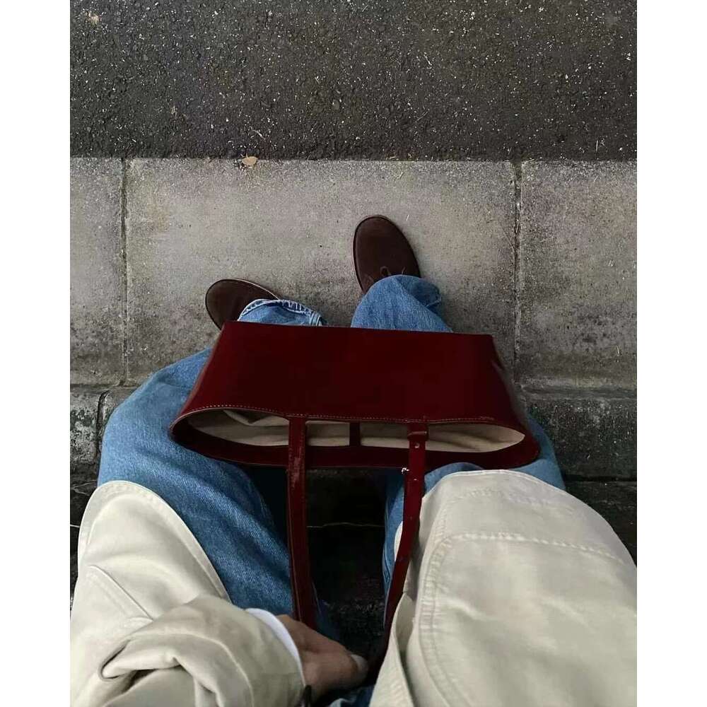 FIRMRANCH Simple Horizontal Square Design Urious Bright Patent Cowhide Leather Wine Red Women's Handbag Shoulder Underarm Bag