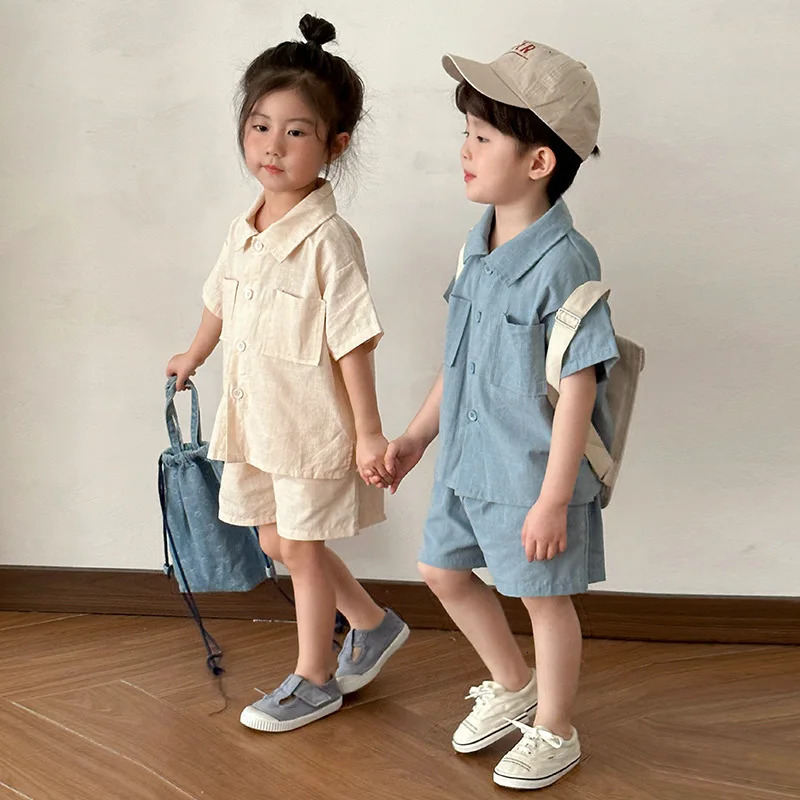 Summer Childrens 2PCS Clothing Set Cotton Thin Short sleeved ShirtSolid Casual Short sleeved Childrens and Childrens Boys Set 250409