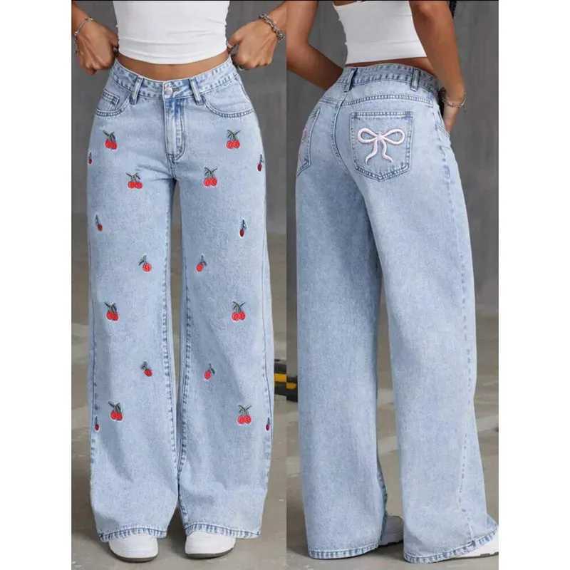 Women Jeans Embroidery High Waist Distressed Washed Pockets Vintage Floor Length Trousers 2025 Denim Wide Leg Pants Streetwear C251110