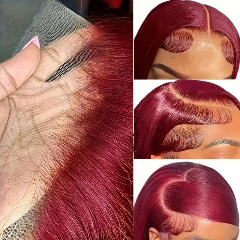 Bury 13X4 Wine Red Pre Plucked Baby Bone Front Brazilian Virgin Human Hair Colored #99J Straight Lace Frontal Wigs With Natural Hairline For
