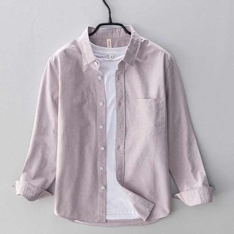 2024 Spring Pink Mens Casual Slimming Shirt 100% Cotton Oxford Long Sleeve Mens Retro Dress X250410